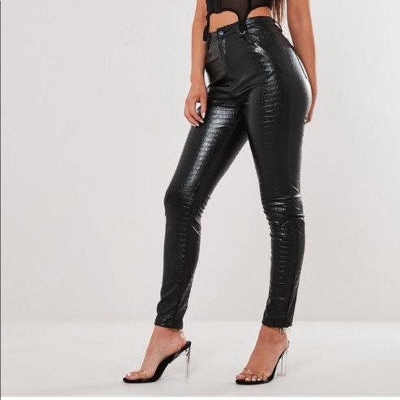 Missguided Pants - Missguided Black Faux Leather Croc Trousers